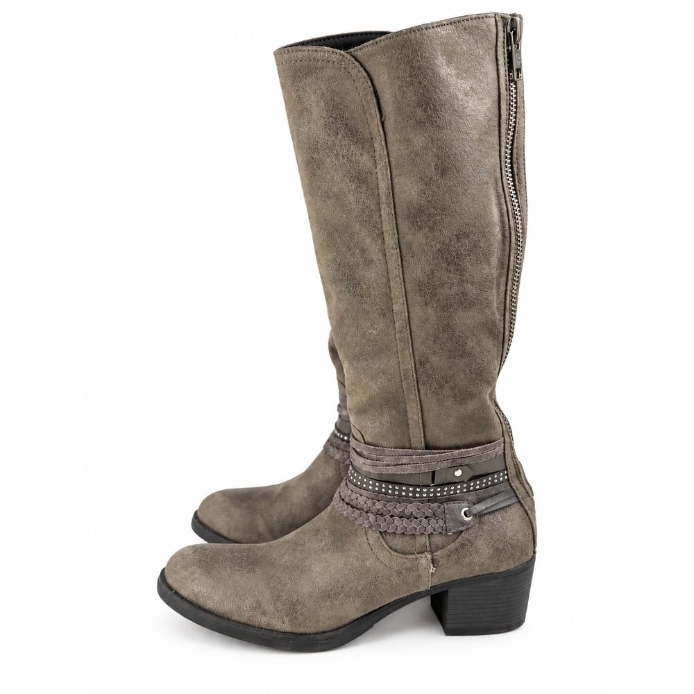 SOLOCKER Grey Knee High Moto Boots Women's 9 Studded Braided Back Zip